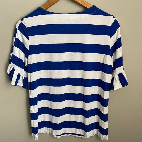 Melanie Lyne Women's Short Ruffled Sleeve Blue + White Stipe T-shirt Size Medium - Picture 5 of 10